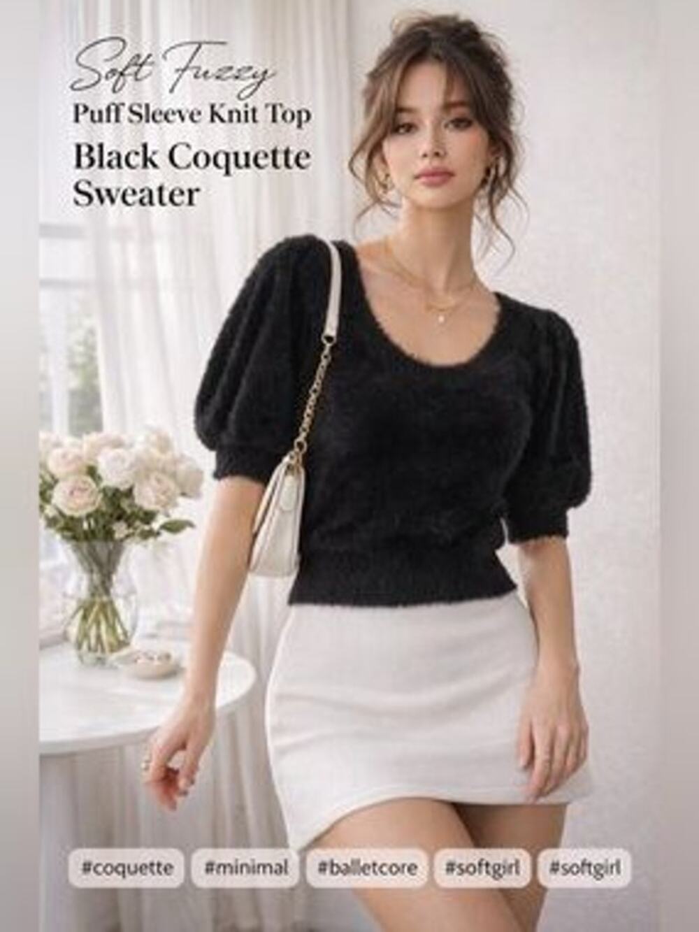 Soft Fuzzy Puff Sleeve Knit Top Black Coquette Balletcore Sweater Sz L